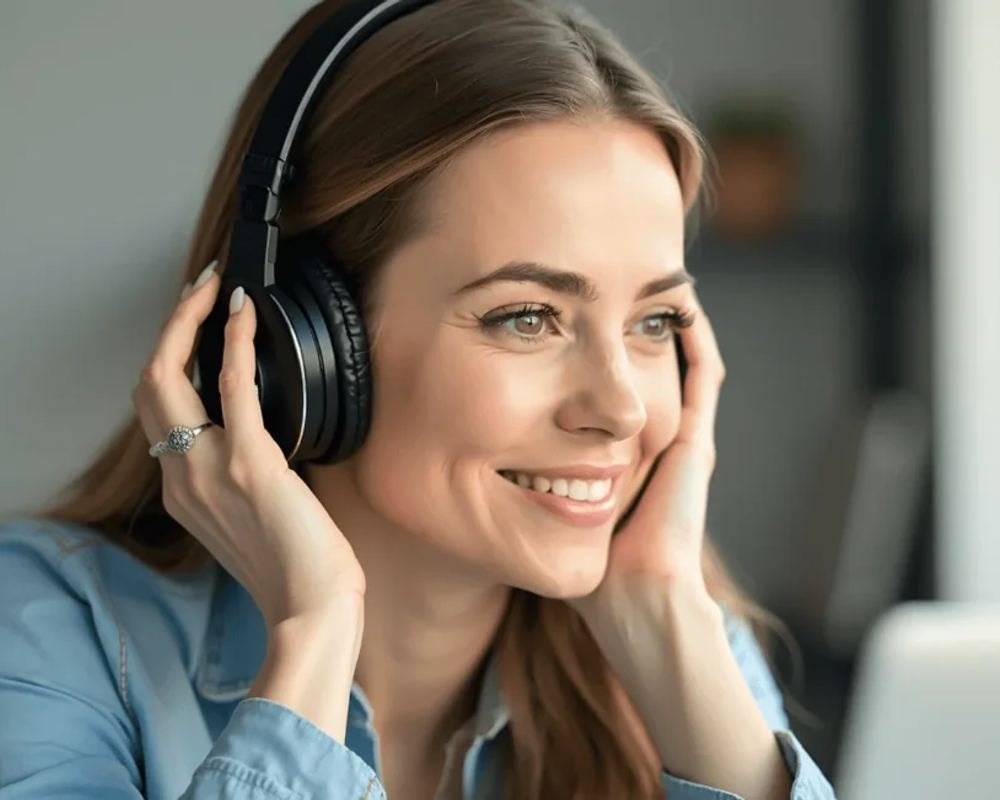 Woman wearing a headset smiling while working on a laptop