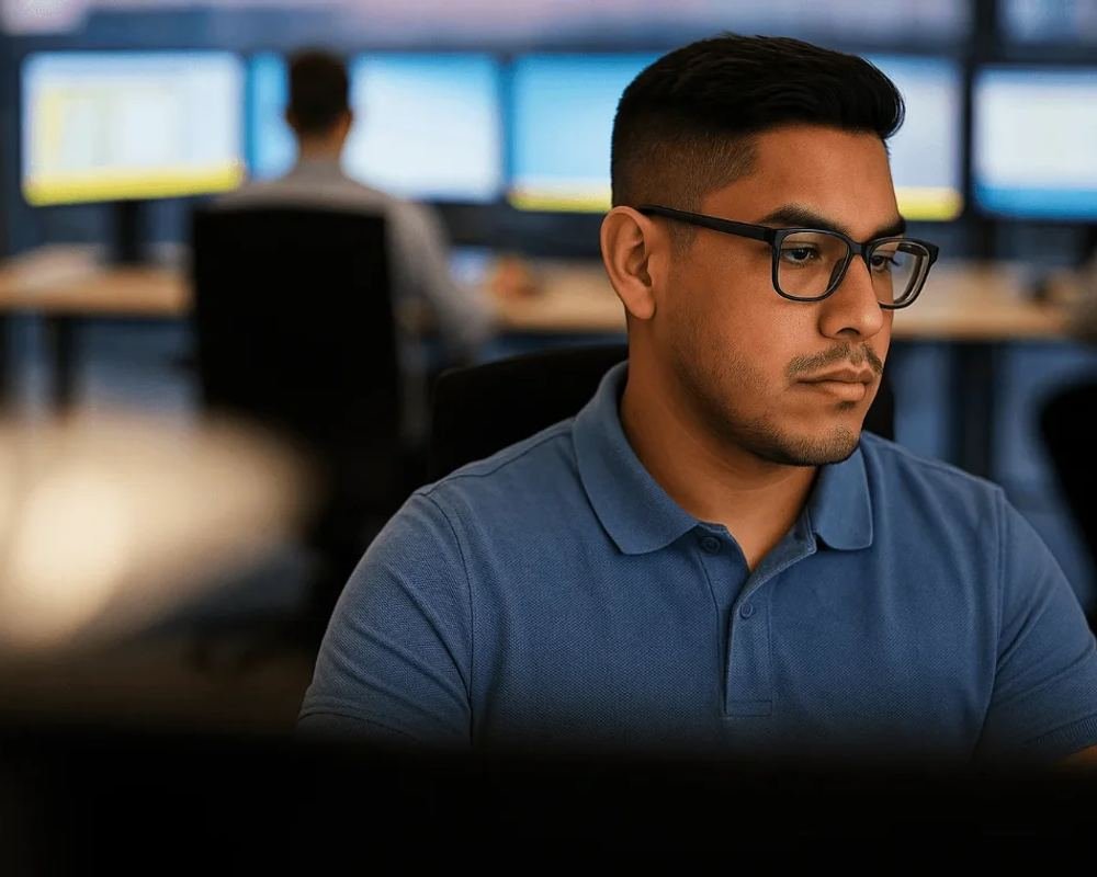 Man working at a desk with multiple monitors in an operations center