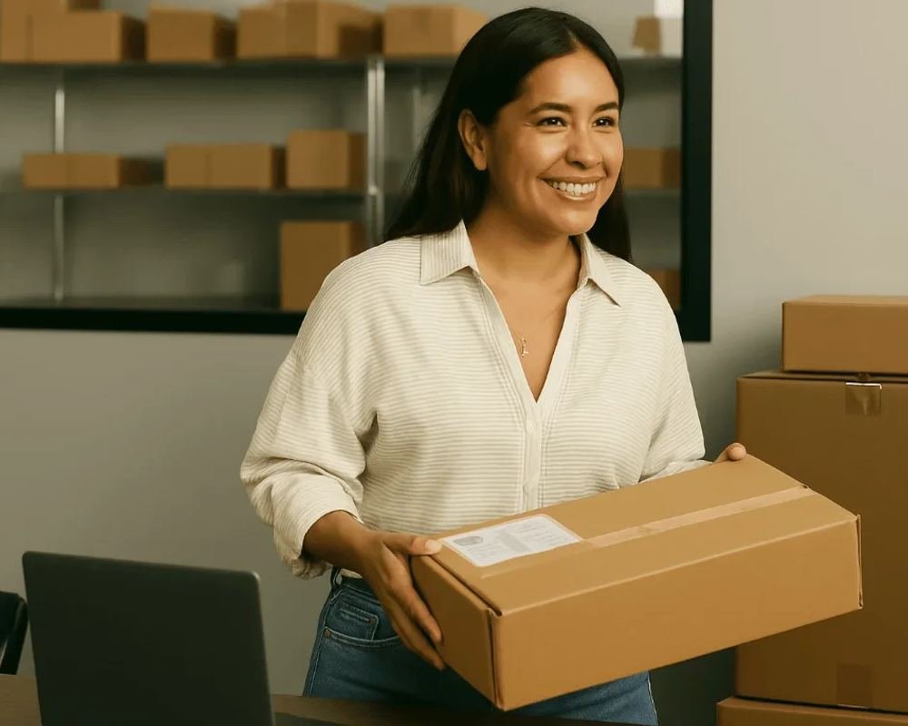 Small business owner holding a shipping box surrounded by packages