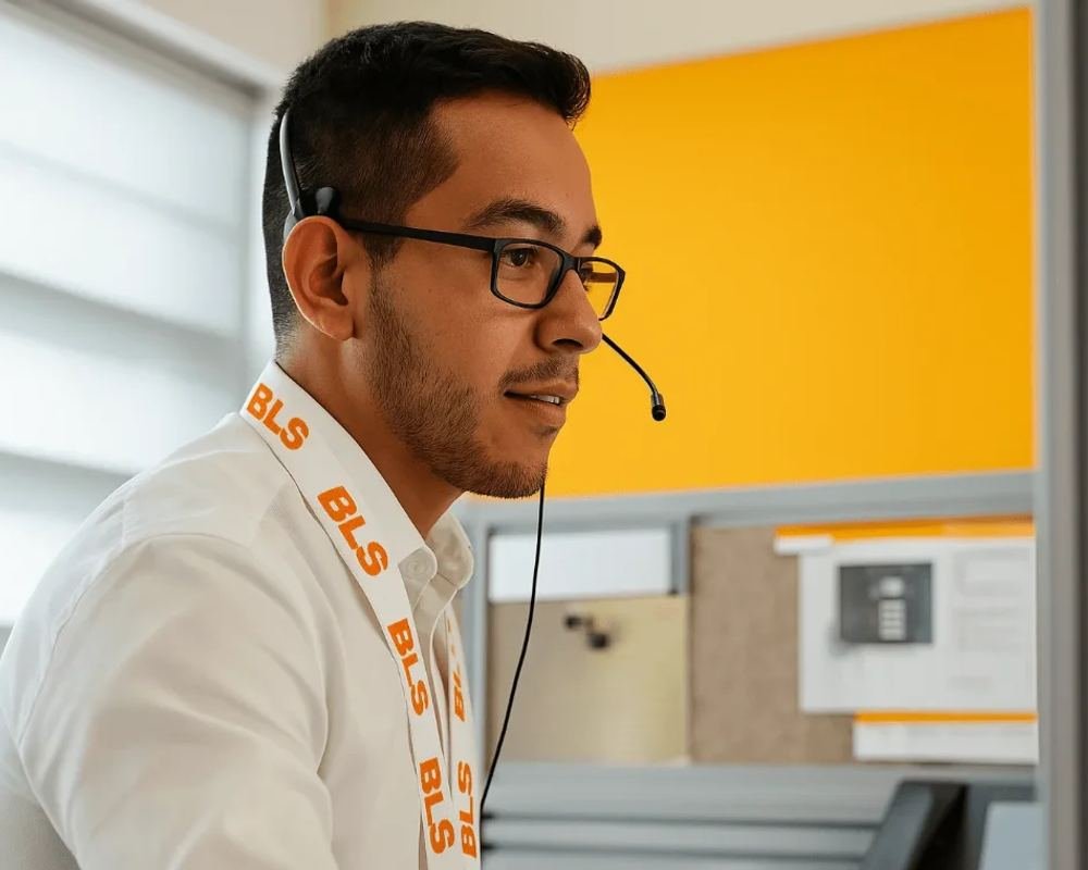 BLS support representative wearing a headset and company lanyard
