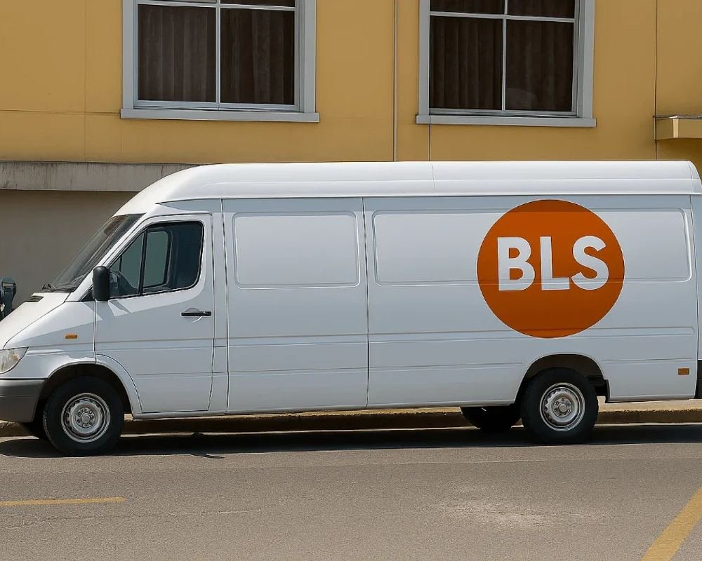 White BLS branded delivery van parked on a city street
