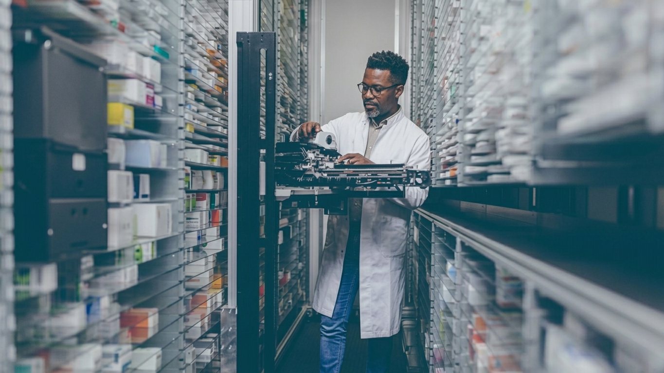 Pharmacist checking temperature-controlled inventory in a cold storage aisle