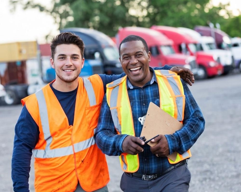 Two smiling drivers in high-visibility vests standing in front of trucks