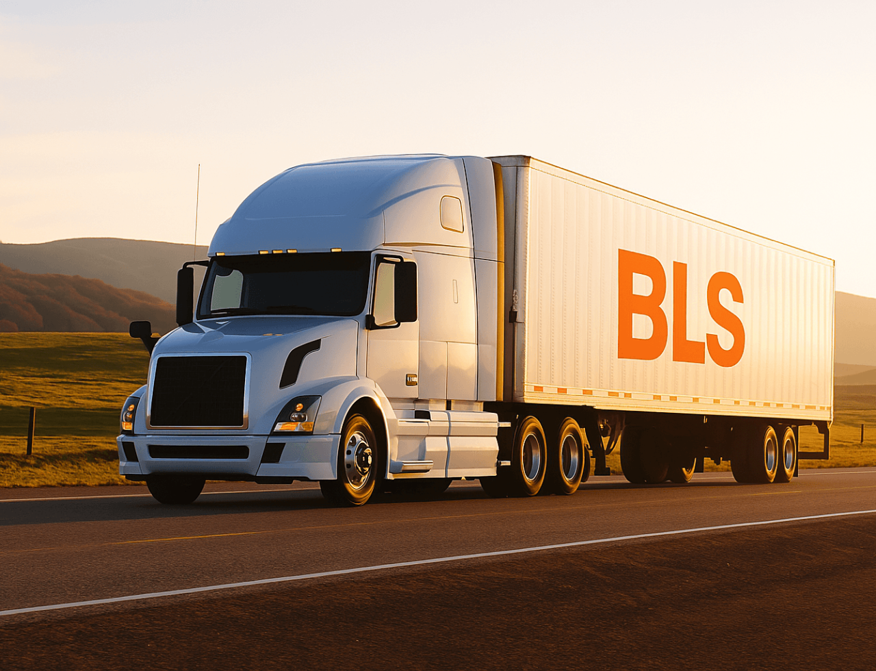 BLS truck driving on highway delivering international shipments